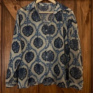 Sundayup Blue Patterned Sheer Button-Up Blouse Medium
